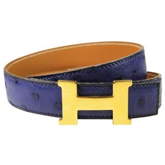 Vintage Hermès Blue Ostrich 24mm Reversible H Logo Kit 867939 Belt