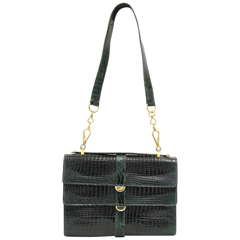 Emerald green purse mini bag, Crocodile, Glazed, Gold. Small Lily