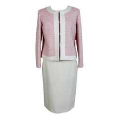 1990s Krizia Poi New Pink White Boucle Cotton Skirt Suit