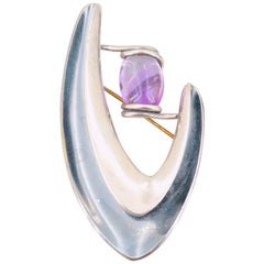 Vintage Modernist Sigi Pineda, Sterling Silver Amethyst Brooch, Taxco, Mexico-Hallmarked