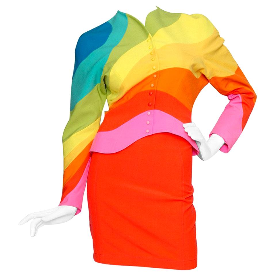 Iconic S/S 1990 Thierry Mugler Rainbow Wool Skirt Suit
