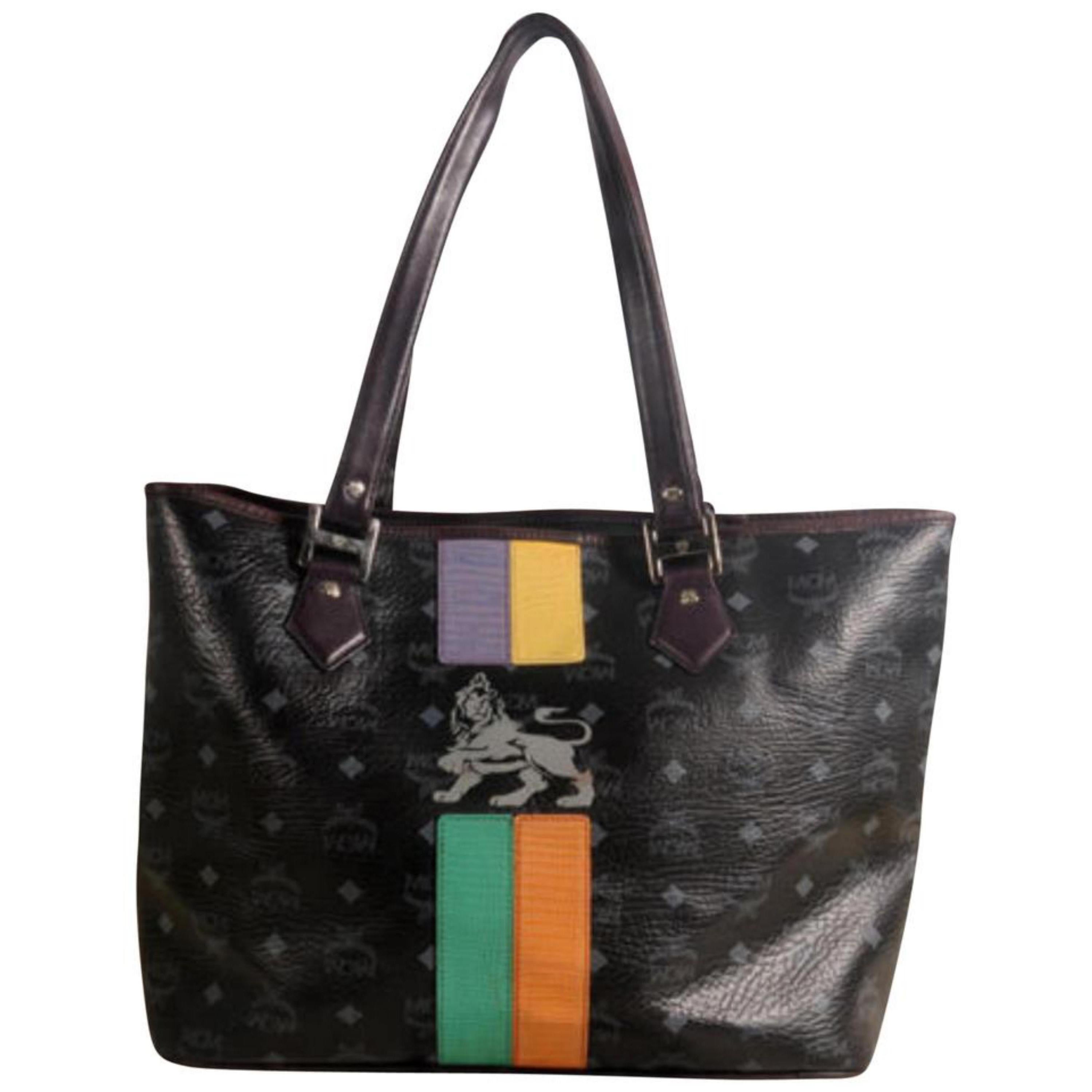 MCM Monogram Visetos Logo Lion Shopper Tote 869505 Black Leather Shoulder Bag For Sale