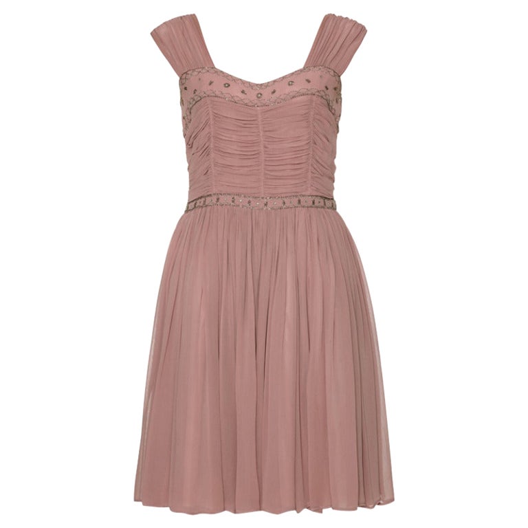 1950s Heiress Boutique Dusky Pink Beaded Dress For Sale