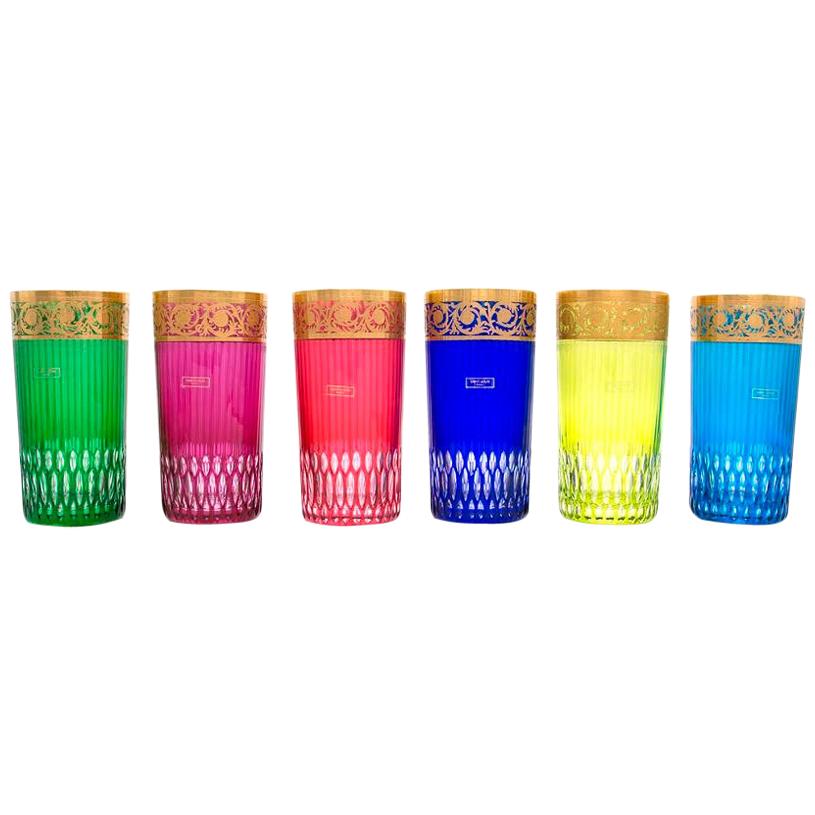 Saint Louis Crystal Multi- Coloured Gold Thistle Highballs For Sale