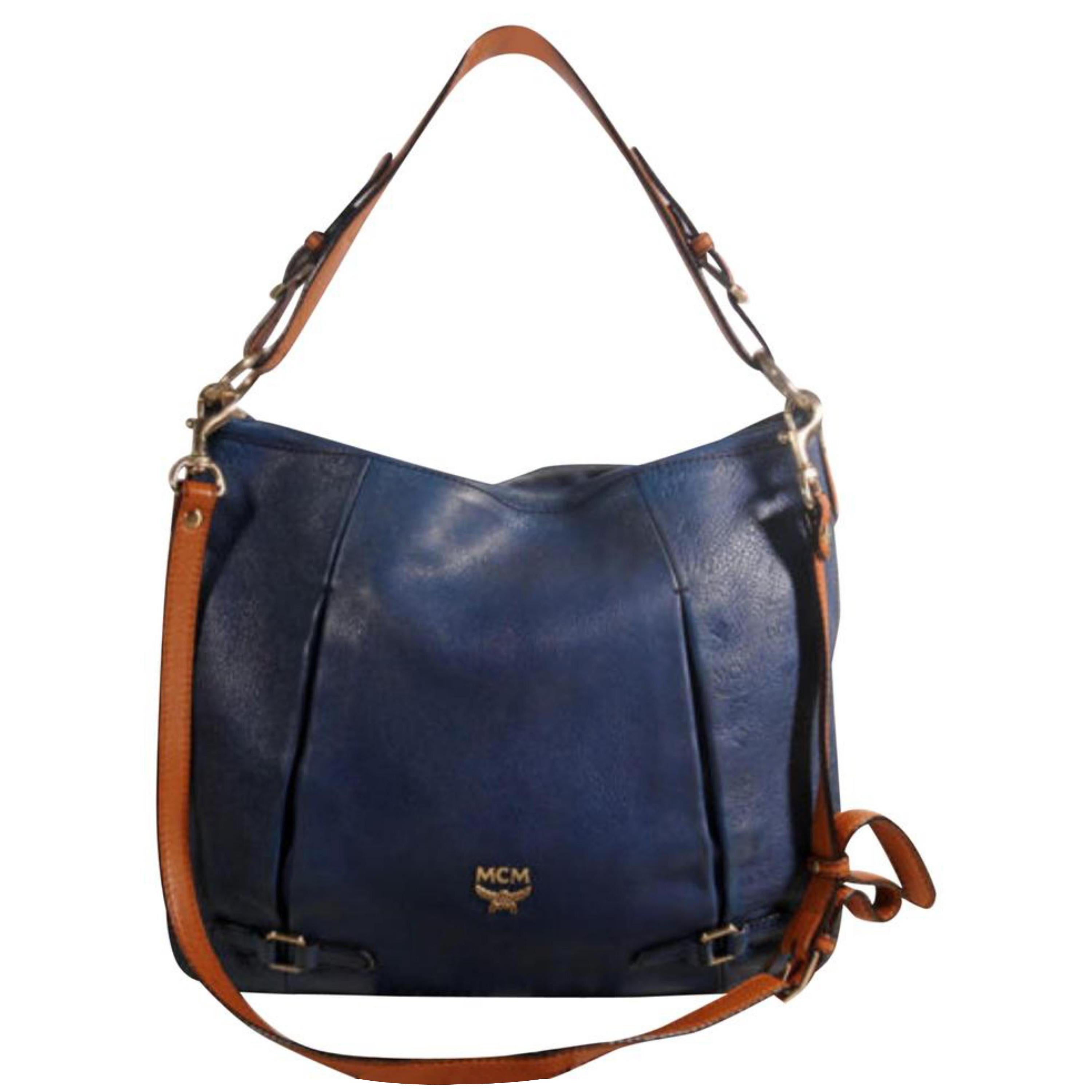 MCM Bicolor 2way Hobo 869446 Blue Leather Shoulder Bag For Sale