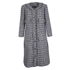 Chanel Grey Checkered Tweed Chain Embellished Buttoned Dress Coat XL