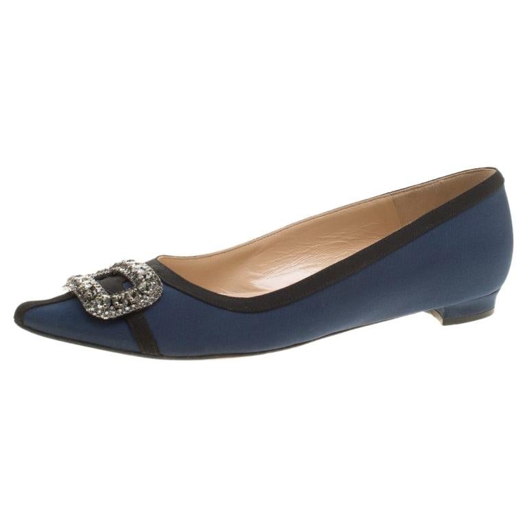 Manolo Blahnik Blue Satin Crystal Embellished Pointed Toe Flats Size 38 ...