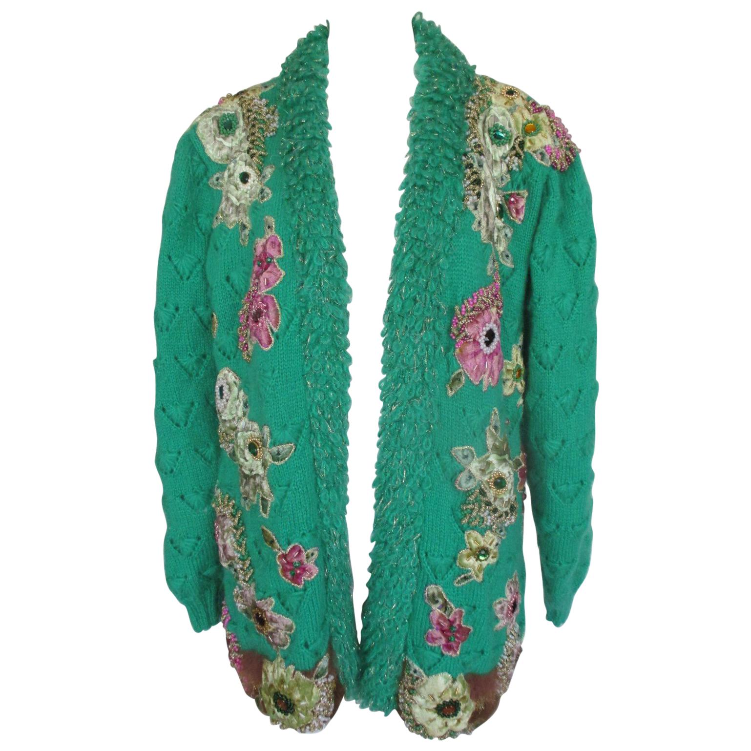 embroidered cardigan with flower appliqués For Sale