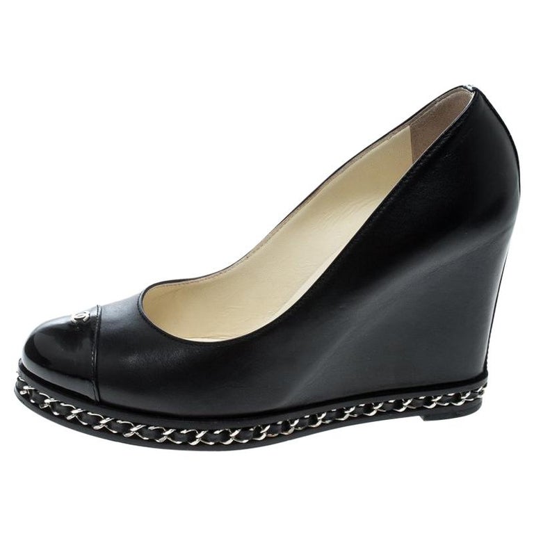 Chanel Black Leather Chain Cap Toe Wedge Pumps Size 37 For Sale at 1stDibs