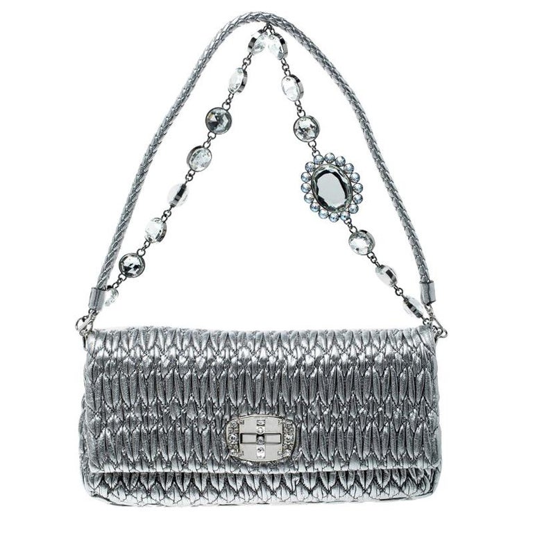 Miu Miu Silver Matelassé Leather Crystal Flap Shoulder Bag For Sale at ...