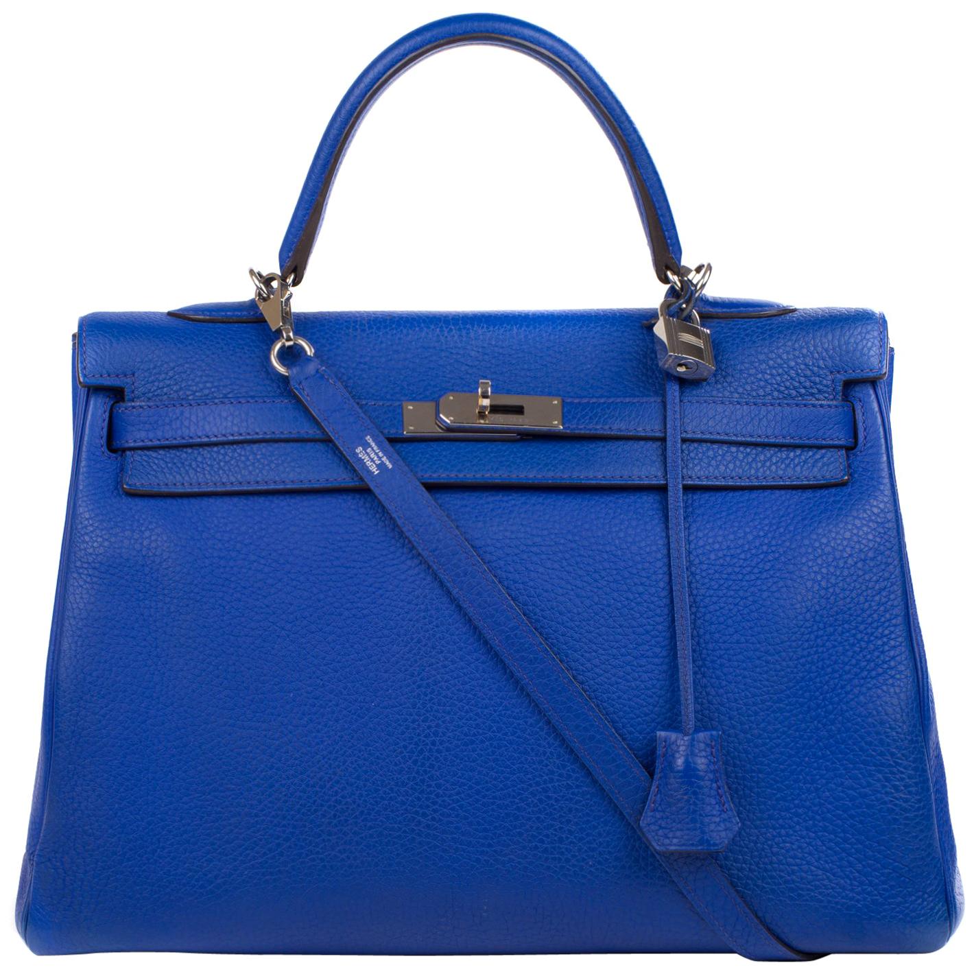 Hermes Kelly 35cm Blue Taurillon Clemence PHW O stamp Handbag