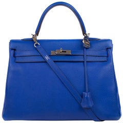 Hermes Kelly 35cm Blue Taurillon Clemence PHW O stamp Handbag