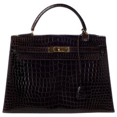 Hermès Kelly 32 Sac en cuir crocodile brun