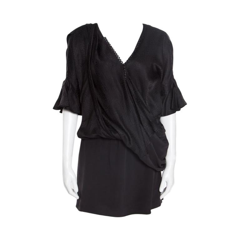 Balenciaga Black Silk Animal Scale Pattern Side Draped Dress L