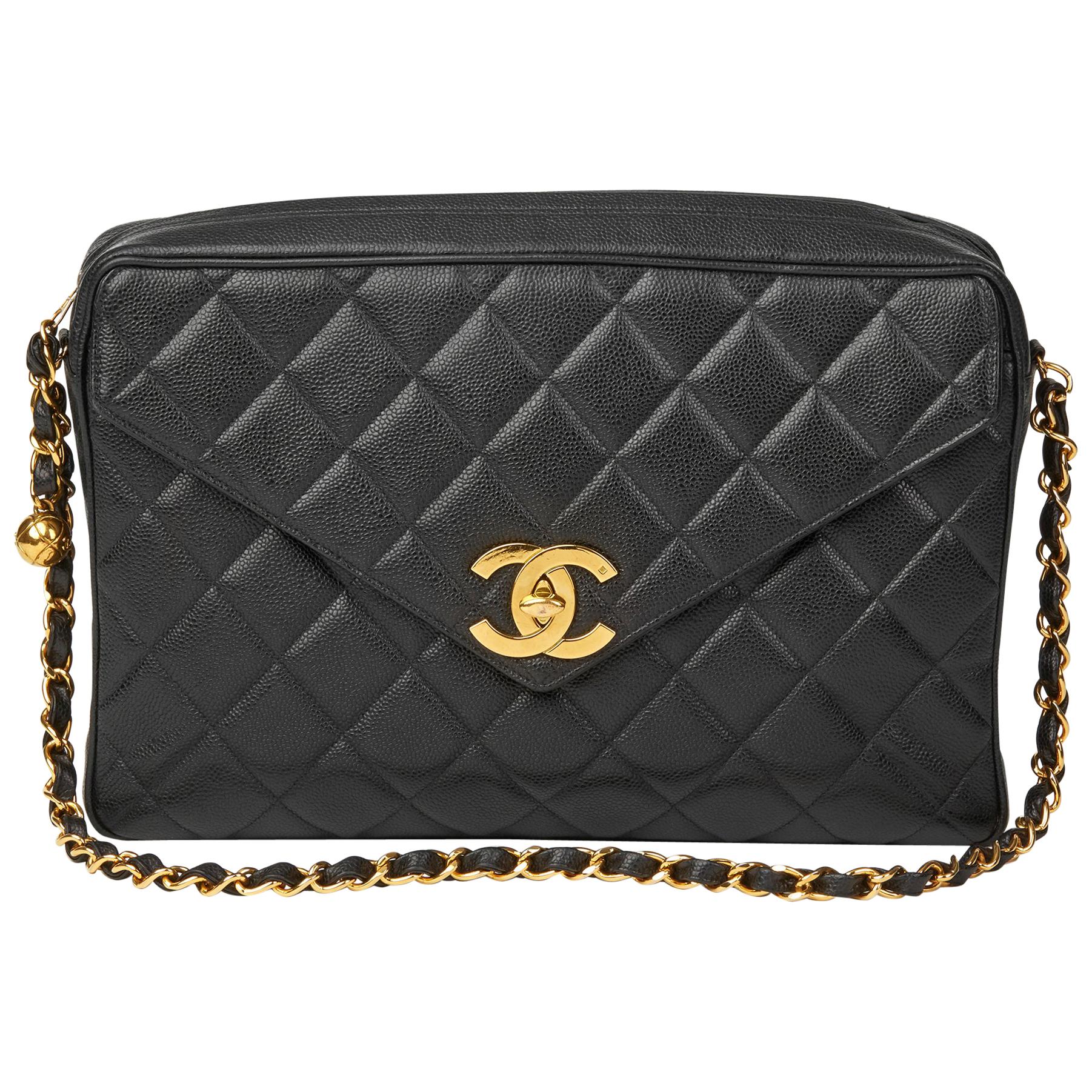 1994 Chanel Black Quilted Caviar Leather Vintage Maxi Jumbo XL Camera Bag