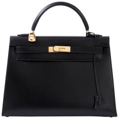 Vintage Kelly Bag 32 Black Box leather Bag 