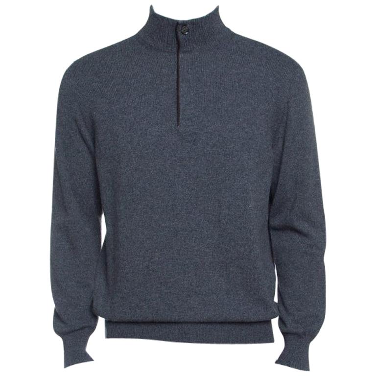 Ermenegildo Zegna Grey Premium Cashmere Zip Detail Ribbed Trim Sweater ...