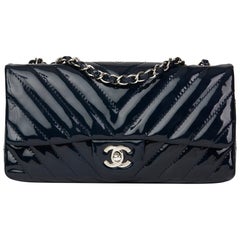2009 Chanel Navy Chevron Quilted Patent East West Classic Single Flap Bag