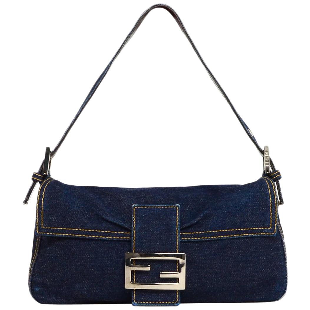 Fendi Blue Denim Baguette Bag W/ Logo Buckle