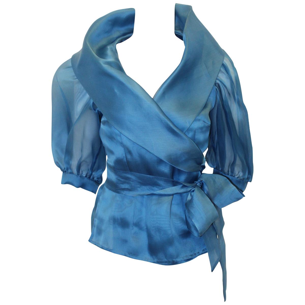 Paola Quadretti Elegant Blue Silk Organza Wrap Blouse