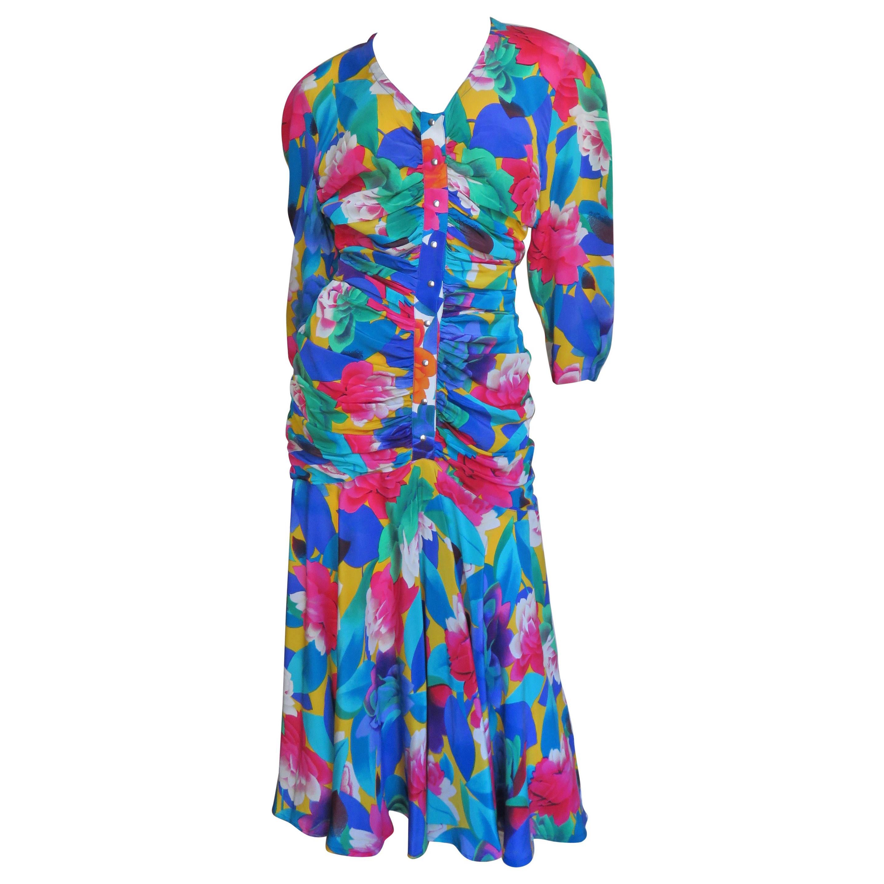 Thierry Mugler Flower Silk Ruched Dress 1980s For Sale
