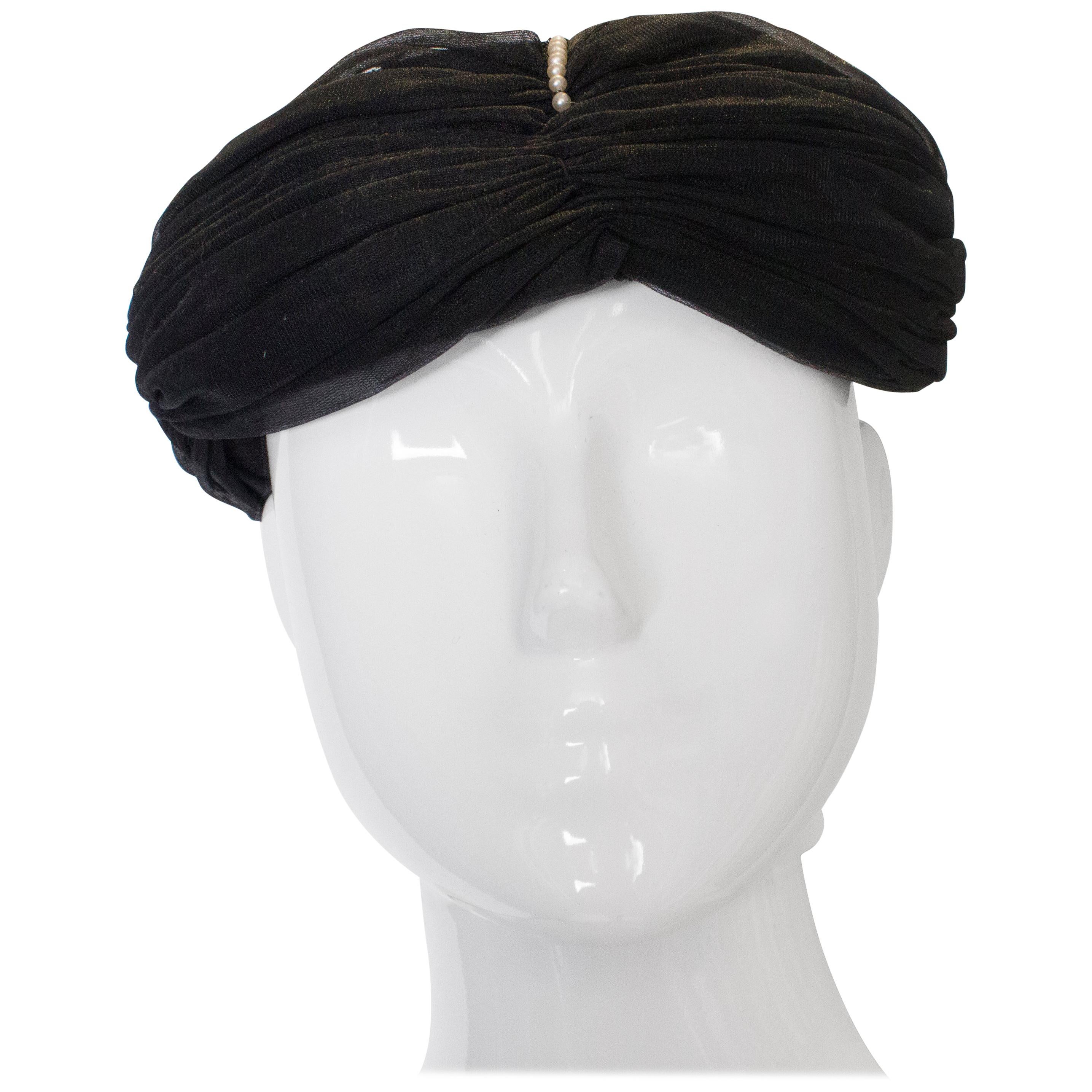 Vintage Black Hat with Pearl Detail For Sale