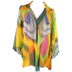 SHAMASK Size L Yellow Multi-Color Print Silk Draped Collar Blouse