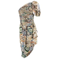 MISSONI Size 4 Gray Floral Silk One Shoulder Sash Dress