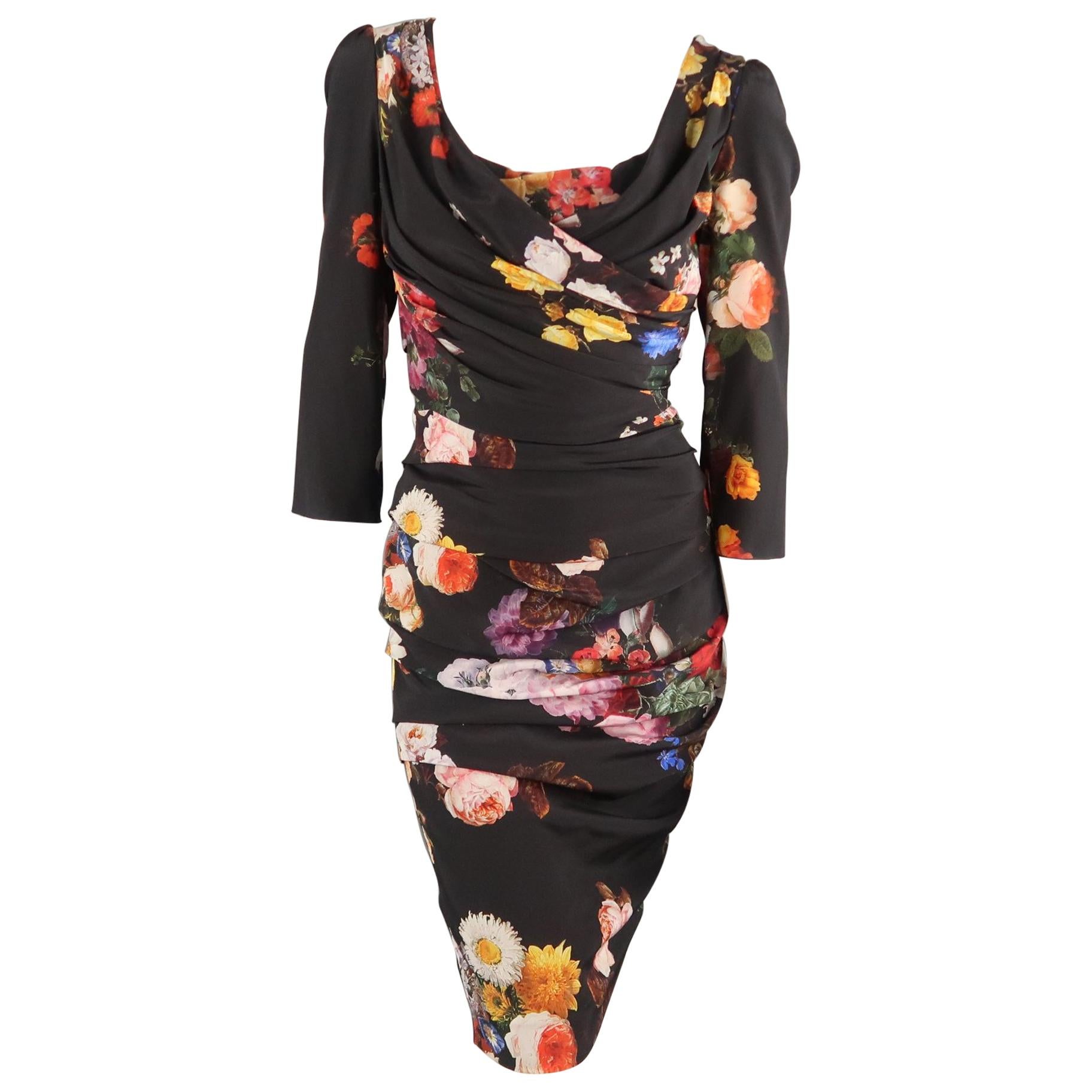 DOLCE & GABBANA Size 6 Black Multi-Color Floral Silk Draped 3/4 Sleeve Dress