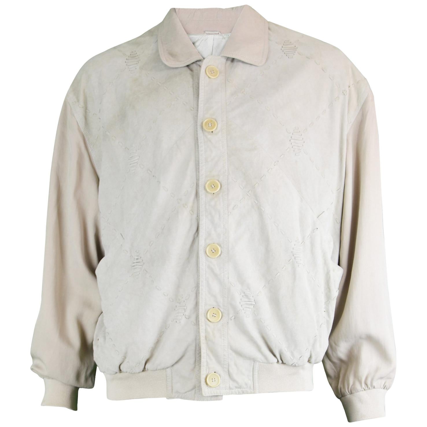 Pancaldi & B Vintage Men's Beige Silk & Laced Ovine Suede Bomber Jacket, 1980s