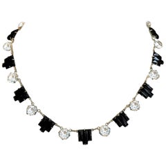 Circa 1920s Art Deco Molded Black Glass & Faceted Crystal Choker Necklace