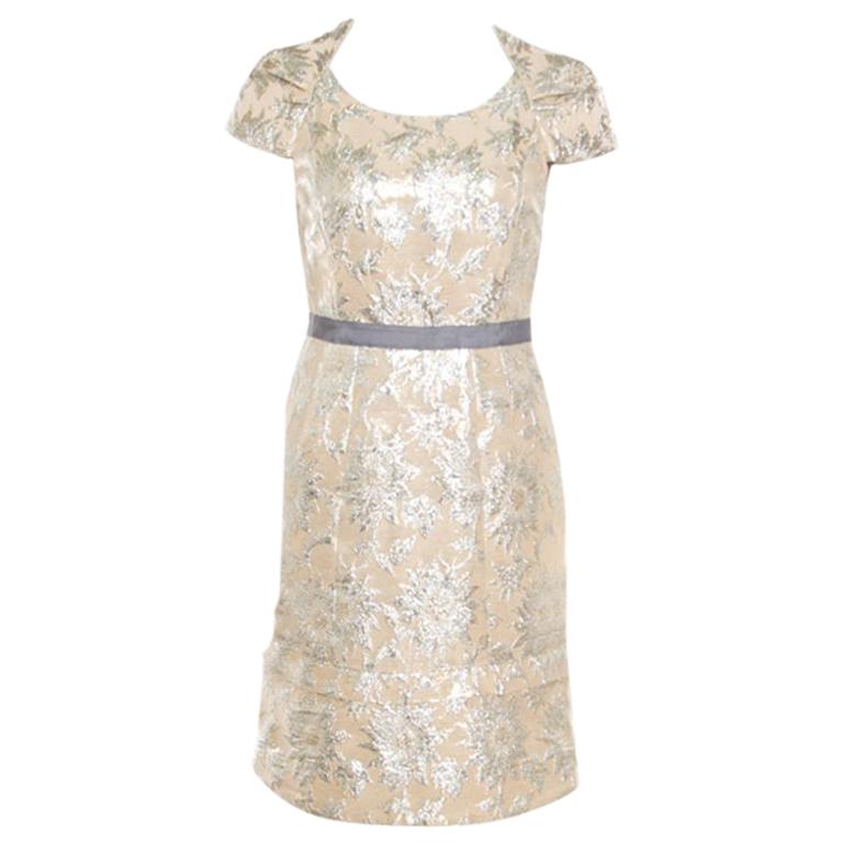Marc By Marc Jacobs Beige Floral acquard Contrast Waistband Cap Sleeve Dress S