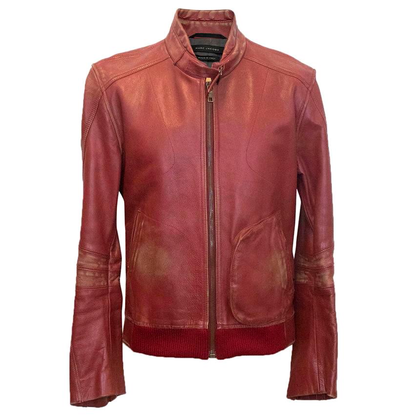 Marc Jacobs red leather distressed jacket XL For Sale