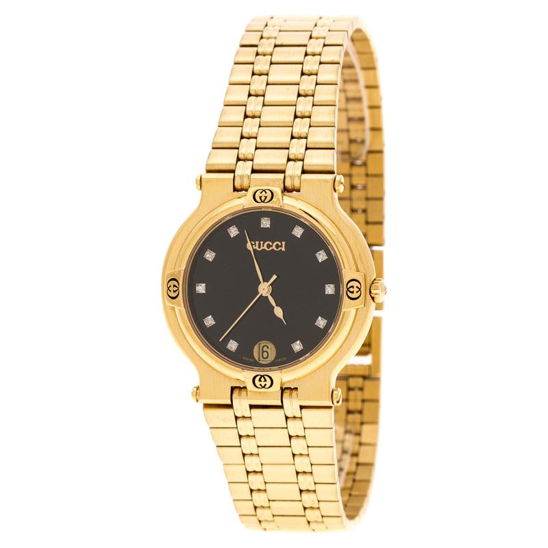 Gucci Black Yellow Gold Plated Stainless Steel 9200M Unisex Wristwatch 32 mm