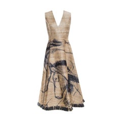 Dior Brown Jute Textured Horse Face Embroidered Frayed Hem Midi Dress SIn a perf