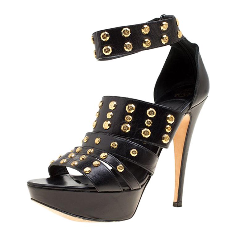 Gina Black Leather Studded Ankle Strap Platform Sandals Size 39.5 For ...