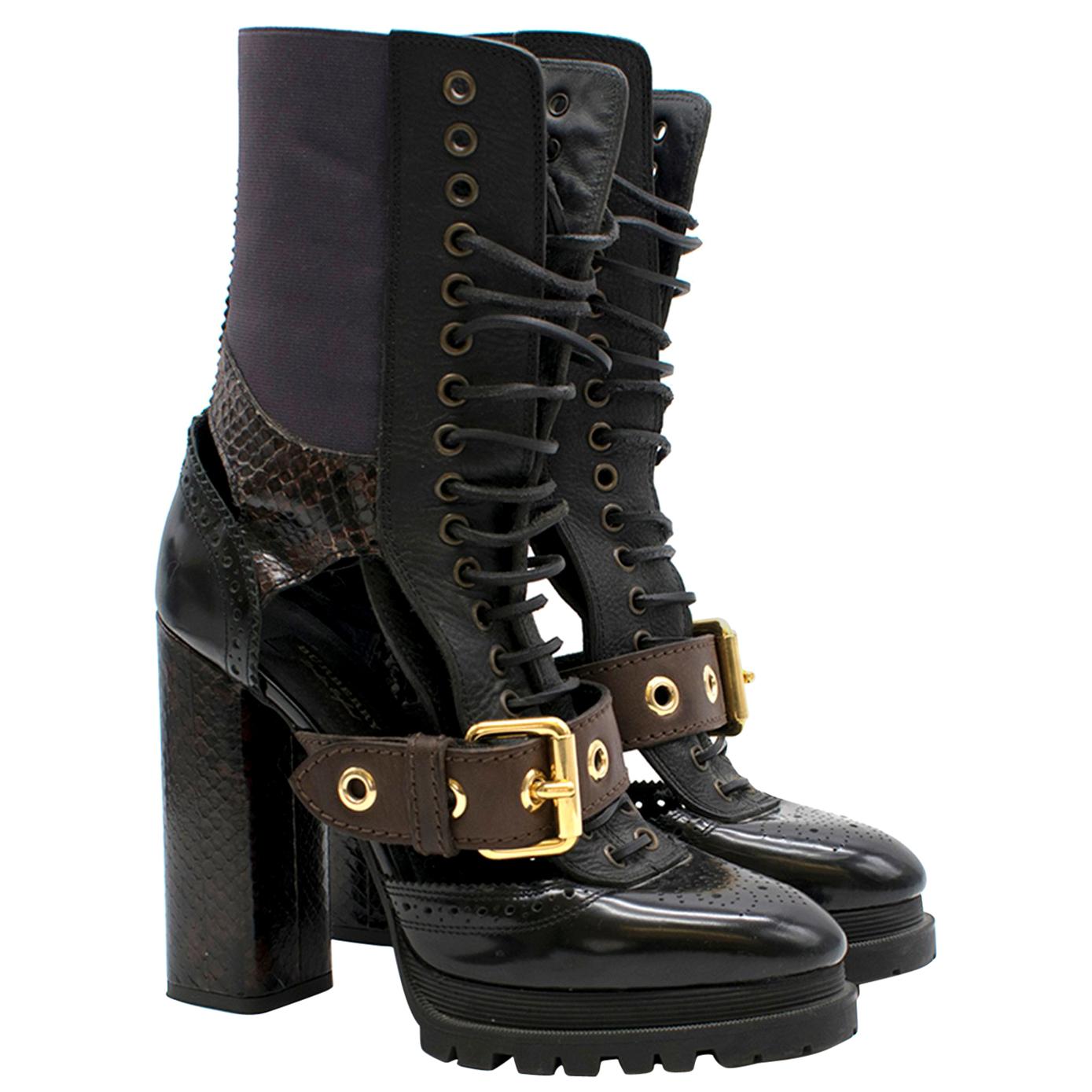 Burberry Leather And Snakeskin Cut-out Platform Boots US 10 at 1stDibs