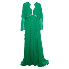 Giambattista Valli Kelly Green Silk Ruffled Tiered Sleeve Evening Gown XL