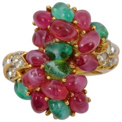 Vintage Trifari Gold Plated Ring with Dark Pink and Green Glass Cabochons, circa 1960s