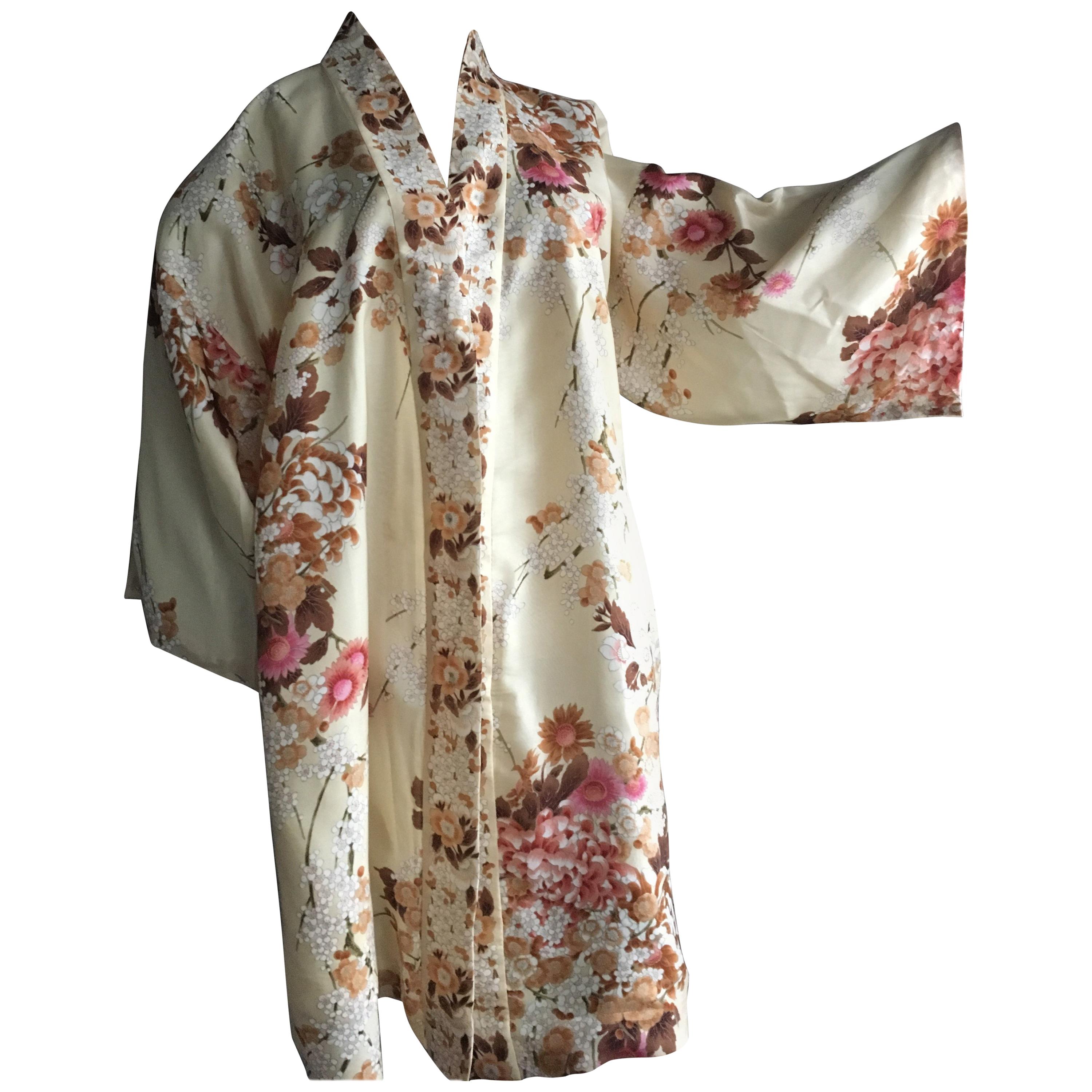 Vintage Silk Kimono with Floral Motifs of the Japanese Blossoms & Chrysanthemums For Sale