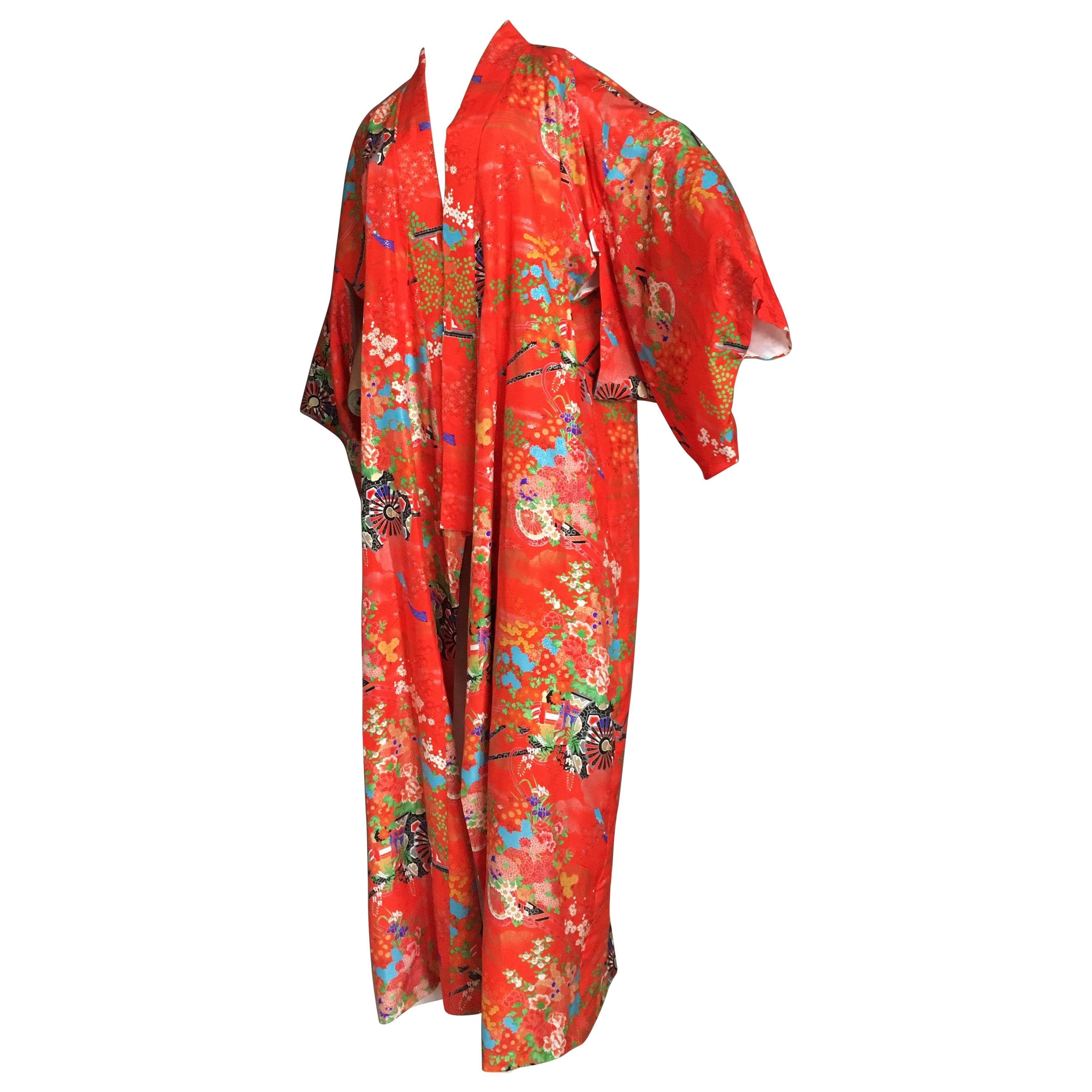Ichiban Open Kimono Robe Red & Orange, Japan , 1960s For Sale