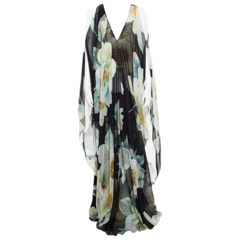 Lanvin Black Dark English Rose Printed Silk Cold Shoulder Overlay Maxi Dress XL