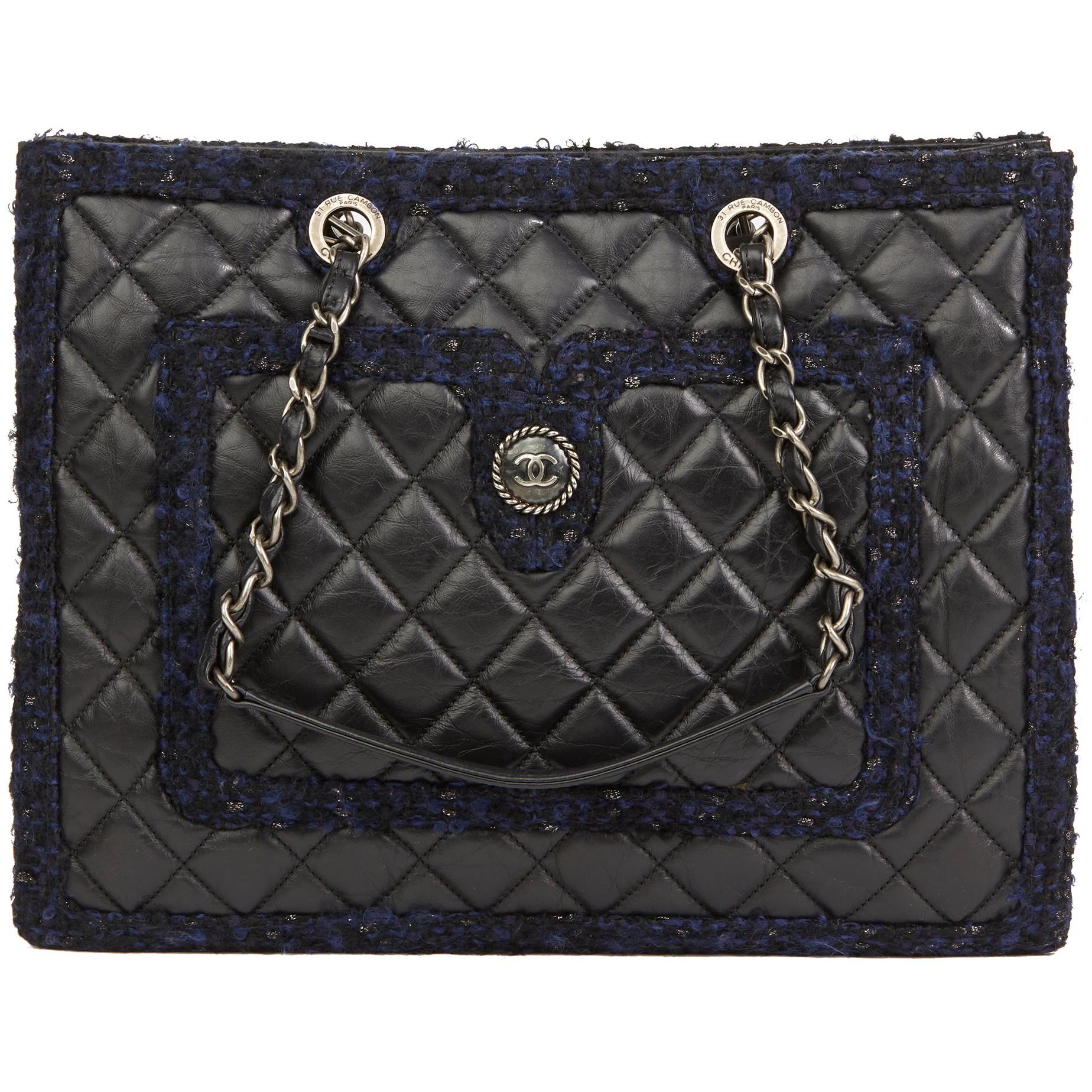 2015 Chanel Black Quilted Aged Quilted Calfskin & Navy Tweed Grand Shopping Tote