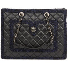 Used 2015 Chanel Black Quilted Aged Quilted Calfskin & Navy Tweed Grand Shopping Tote