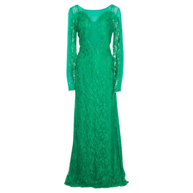 Emilio Pucci Emerald Green Lace Applique Long Sleeve Evening Gown L