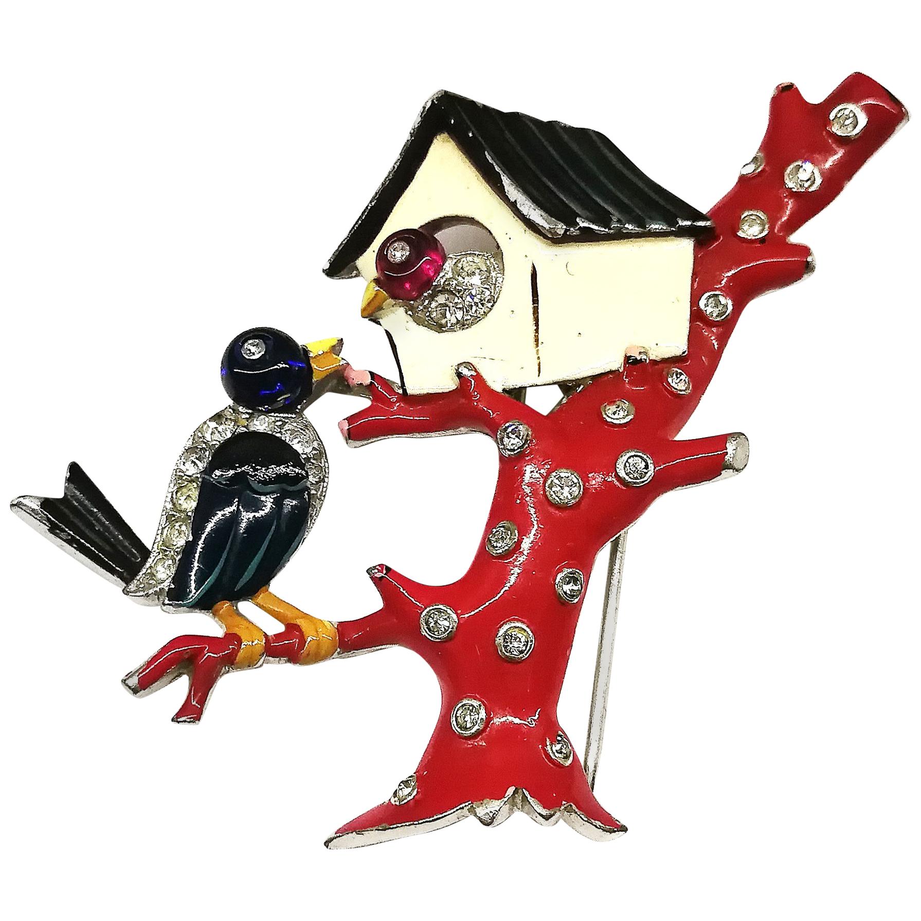 A rare enamelled metal and paste 'Two Birds ' brooch, Trifari, USA, 1930s For Sale