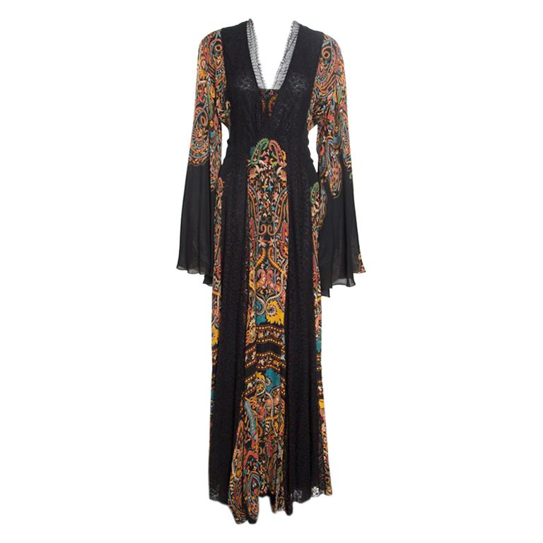 Etro Black Damask Printed Silk Lace Insert Detail V Neck Gown L
