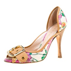 Casadei Beige/Multicolor Leather and Printed Fabric Buckle Detail Pumps Size 37
