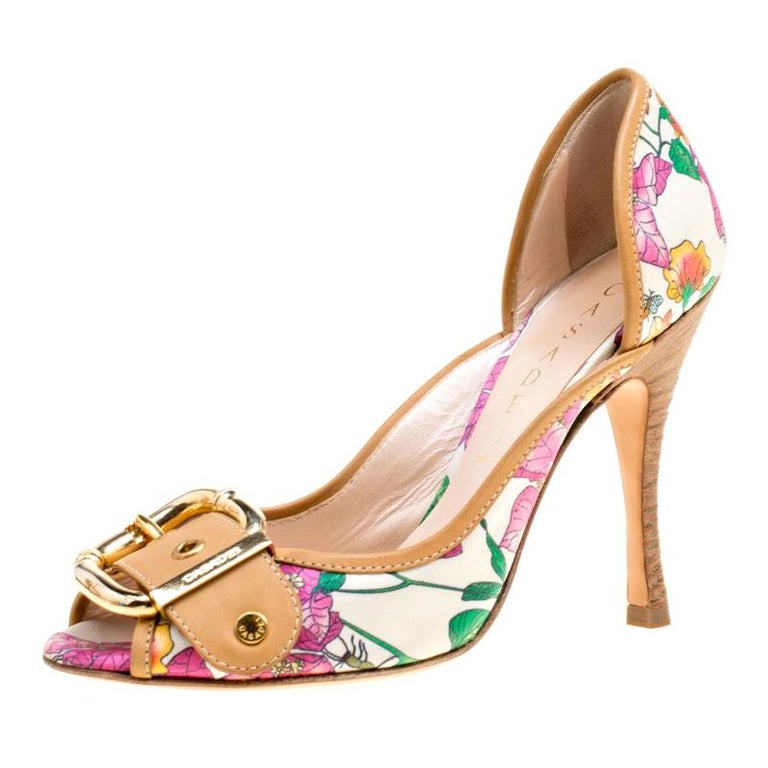 Casadei Beige/Multicolor Leather and Printed Fabric Buckle Detail Pumps ...