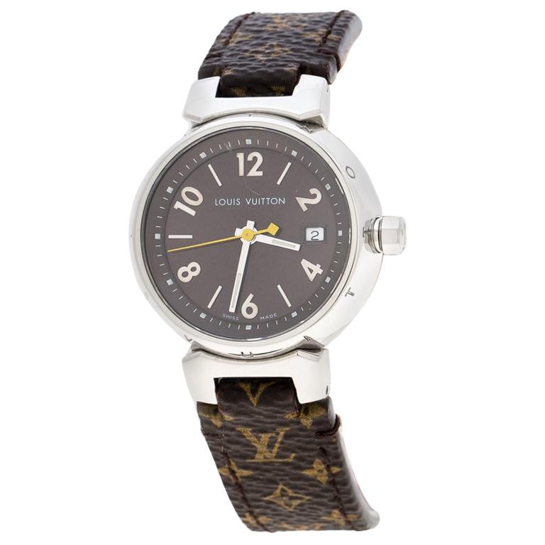 Louis Vuitton Stainless Steel Monogram Tambour Q1211 Women&#39;s Wristwatch 28 mm For Sale at 1stdibs